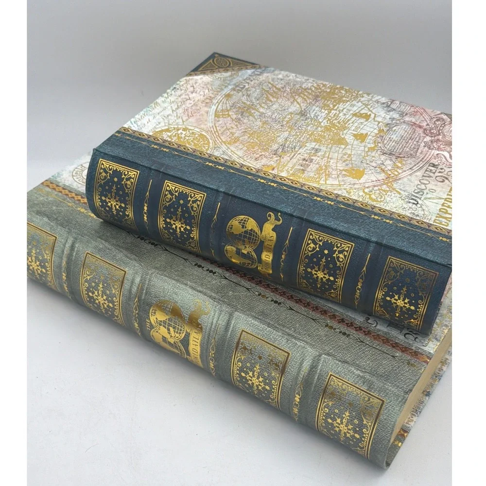 Set of 2 Faux Book Storage Boxes Vintage World Map Decorative Secret Stash Books